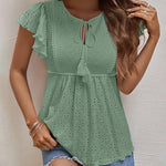 Zeagoo Eyelet Tie-Neck Flutter-Sleeve Top Solid Color Casual Blouse for Women Casual Work Office Loose Fit 2026 | Under $40