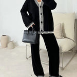 Zeagoo Women's Casual Two-pieces Outfits Contrast Trim Knitted Cardigan and Trousers Pants Sets