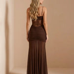 Brown Lace Sheer Waist Ruched Mermaid Maxi Dress