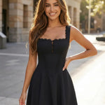Black Lace Trim Corset Waist Flared Mini Party Dress