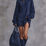Navy Faux Suede Oversized Mini Dress With Fringe Trim