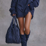 Navy Faux Suede Oversized Mini Dress With Fringe Trim