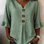 Solid V-Neck Button Ruffle Half Sleeve Casual Top