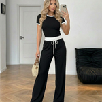 Black Contrast Trim Short Sleeve Crop Top High Waist Drawstring Pants Set