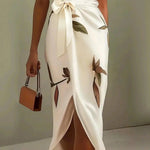 White Leaf Short Sleeve Satin Wrap Sheath Midi Dress