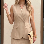 Brown Sleeveless Single Button Blazer Vest Mini Skirt Two Piece Suit Set