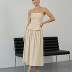 Beige Strapless Peplum Top Midi Skirt Two-Piece Dress