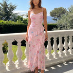 Pink Watercolor Floral Spaghetti Strap Ruffle Midi Dress