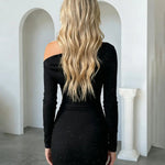 Black One-Shoulder Sequin Ruched Bodycon Mini Dress