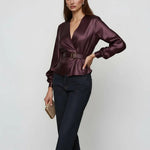 Wine Red Satin Belt Satin Wrap Top