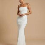 White Spaghetti Strap Ruched Backless Mermaid Maxi Dress