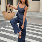 Blue White Vertical Pinstripe Sweetheart Strap Wide Leg Two Piece Set