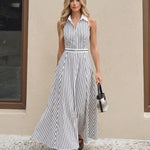 Black White Mixed Stripe Collared Sleeveless High Waist Maxi Dress