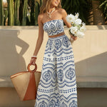 Boho Print Smocked Tube Top High Waist Wide Leg Pants Set
