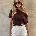 Brown One Shoulder Draped Ruched Short Sleeve Blouse