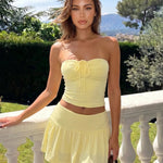 Pale Yellow Ruched Drawstring Tube Top Mini Skirt Set
