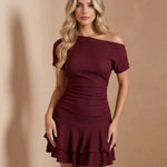 Black One Shoulder Ruched Tiered Ruffle Mini Dress