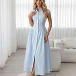 Blue White Vertical Stripe Collar Cap Sleeve Button Midi Dress
