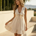 Beige Textured Bow Front Lace Detail Mini Dress