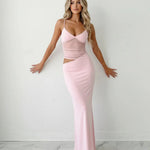 Pink Mesh Ruched Cutout Maxi Slip Dress