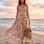 Multicolor Abstract Floral Ruched V Neck Pleated Midi Dress