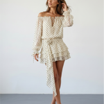 Beige Off Shoulder Chiffon Polka Dot Relaxed Fit Mini Dress