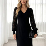 Black Contrast Floral Lace Balloon Sleeve V-Neck Mini Dress