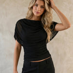 Black Draped Cape Boat Neck Ruched Waist Blouse