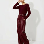 Wine Red High-Waist Leather Pants