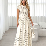 White Polka Dot Puff Short Sleeve Shirt Maxi Dress