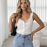 White Crinkle Ruffle Strap Scoop Neck Button Front Cami Top