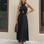 Black Cross Wrap Halter Front Keyhole Cutout Midi Dress