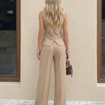 Beige Pinstripe High Waist Pleated Wide Leg Trousers