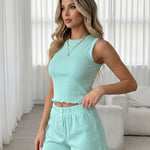 Green High Neck Tank Top Button Front Lettuce Edge Short Two Piece Set