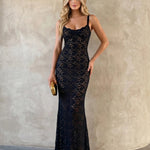 Black Floral Sheer Lace Scallop Sweetheart Strap Maxi Dress