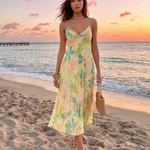 Green Tropical Floral Ruched V Neck Pleated Midi Dress