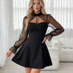 Black Long Sleeve Mock Neck Tie Cutout Flared Skater Mini Dress