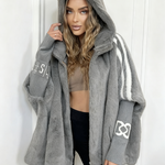 Plush Hooded Vertical Stripe Printed Casual Coat