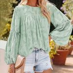 Zeagoo Long Bell Sleeve Blouses Crewneck Floral Lace Textured Babydoll Shirts Tops