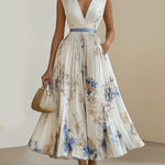 Spring New White Pleated Floral Chiffon V Neck Sleeveless A-Line Midi Dress