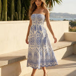 Blue Printed Strapless Smocked Waist Midi Dress