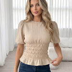 Beige Textured Puff Sleeve Peplum Blouse