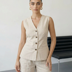 Beige Linen Blend Waistcoat Tailored Shorts Set