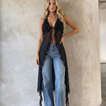 Black Sheer Ruffled Halter Neck Longline Top