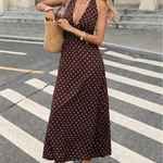 Brown White Tiny Polka Dot Halter Deep V Neck Maxi Dress