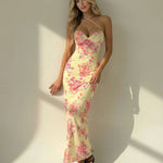 Yellow Floral Print Criss Cross Backless Maxi Dress