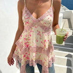 Cream Pink Floral Lace Ruffle Tiered Cami Peplum Top