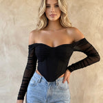 Black Off Shoulder Mesh Sleeve Sweetheart Corset Crop Top