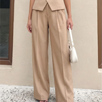 Beige Pinstripe High Waist Pleated Wide Leg Trousers