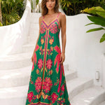 Green Tropical Floral Print Spaghetti Strap Maxi Dress